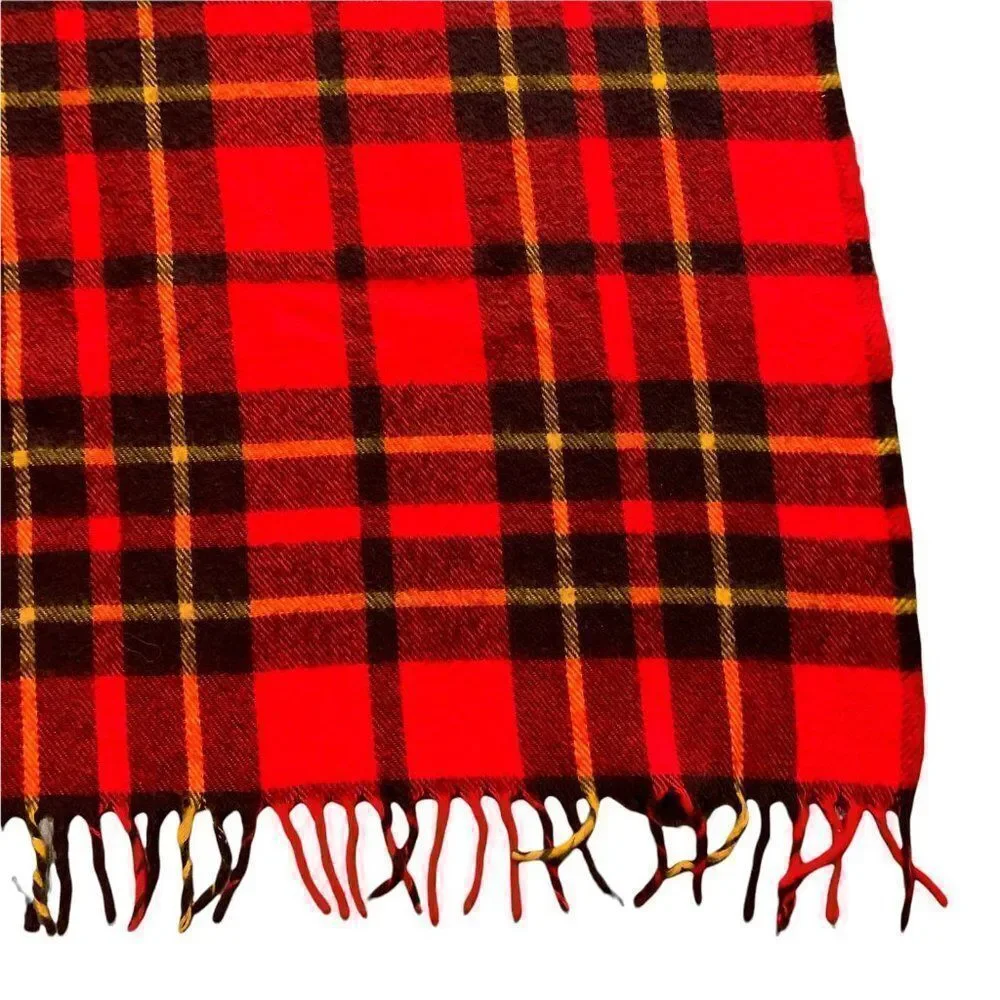 Vintage Faribo Fluff Loomed Wool Blanket 56 x 54 Red Tartan Plaid Fringe Throw